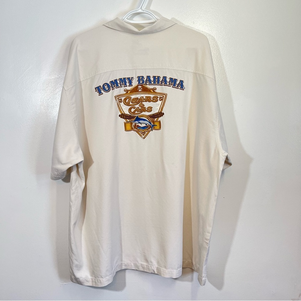 Tommy Bahama Silk Embroidered Shirt Men's Size XLX Cigars & Cars Beige Hawaiian